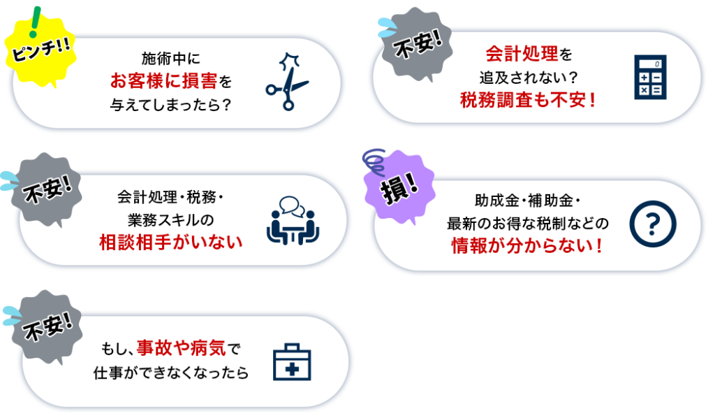 施術中にお客様に損害を与えてしまったら？,会計処理を追及されない？税務調査も不安！,会計処理・税務・業務スキルの相談相手がいない,助成金・補助金・最新のお得な税制などの情報が分からない！,もし、事故や病気で仕事ができなくなったら