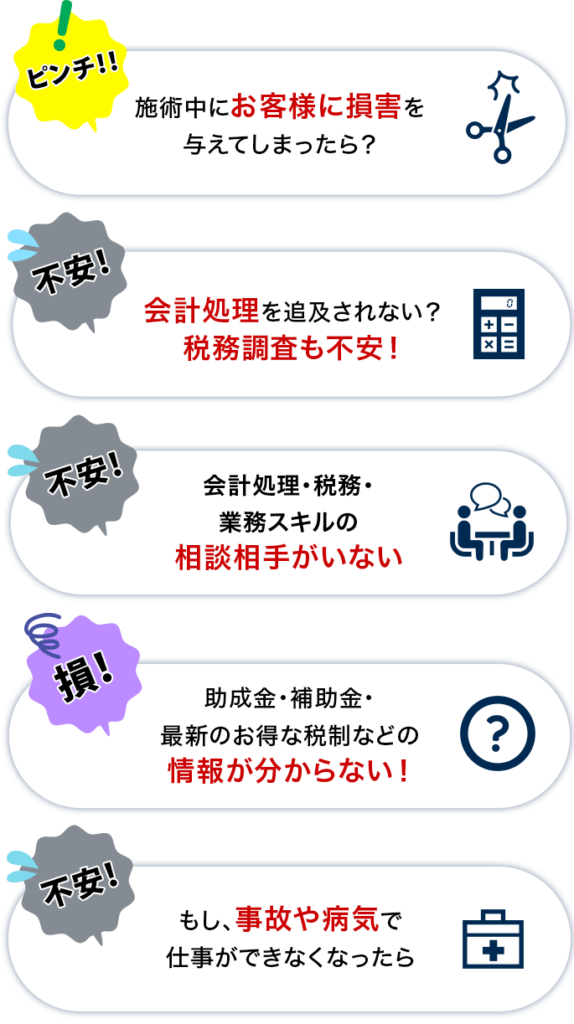 施術中にお客様に損害を与えてしまったら？,会計処理を追及されない？税務調査も不安！,会計処理・税務・業務スキルの相談相手がいない,助成金・補助金・最新のお得な税制などの情報が分からない！,もし、事故や病気で仕事ができなくなったら